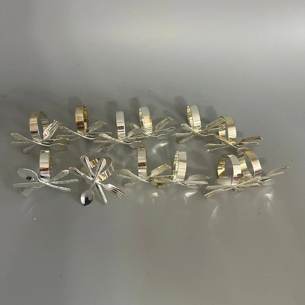 Set of 12 Silver Plated Napkin Rings Crossed Flatware Fork Knife Spoon Motif